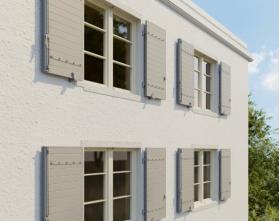 Volets battants pleins alu isolé cintrés - Gris olive Ral 7002 - Ambiance 3D