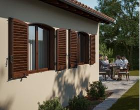 Volets battants pleins alu isolé cintrés - Gris olive Ral 7002 - Ambiance 3D